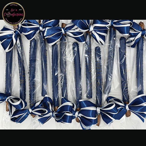 Blue, white, and gold chocolate covered pretzels with bows