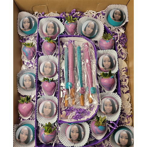 Pink and turquoise letter box with strawberries, custom Oreos, and pretzels